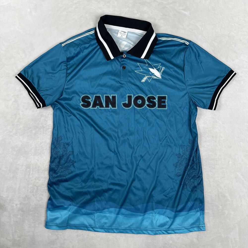San Jose Sharks Shirt Mens L/XL Blue NHL Hockey Polo SGA Jersey 91 Collared READ